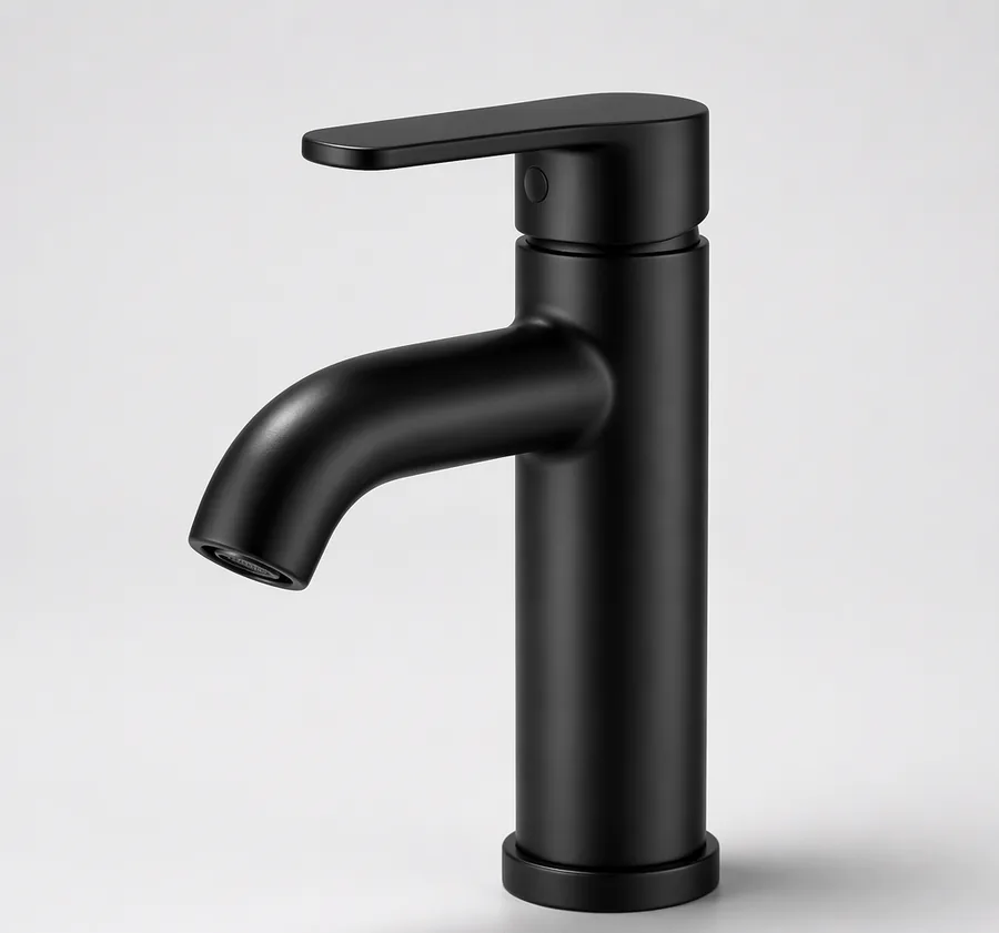 AquaLine matte black single-hole basin faucet with lever handle, studio product photo
