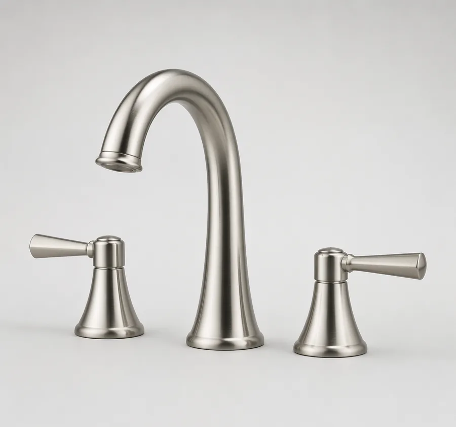 Heritage brushed nickel widespread two-handle basin faucet, studio product photo