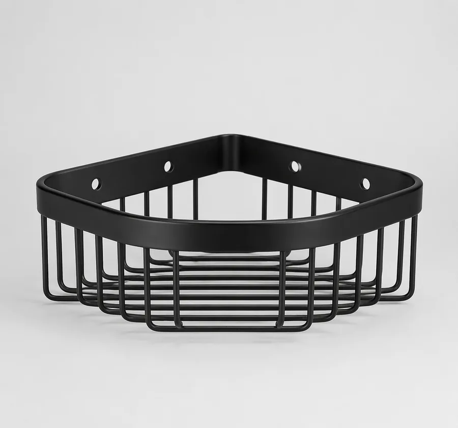 CornerCaddy matte black triangular corner shower basket, studio product photo