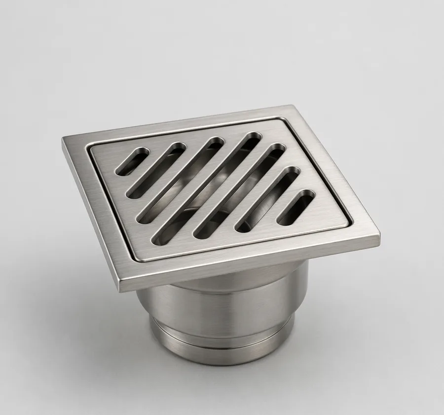 DrainPro brushed stainless square floor drain with slotted grate, studio product photo
