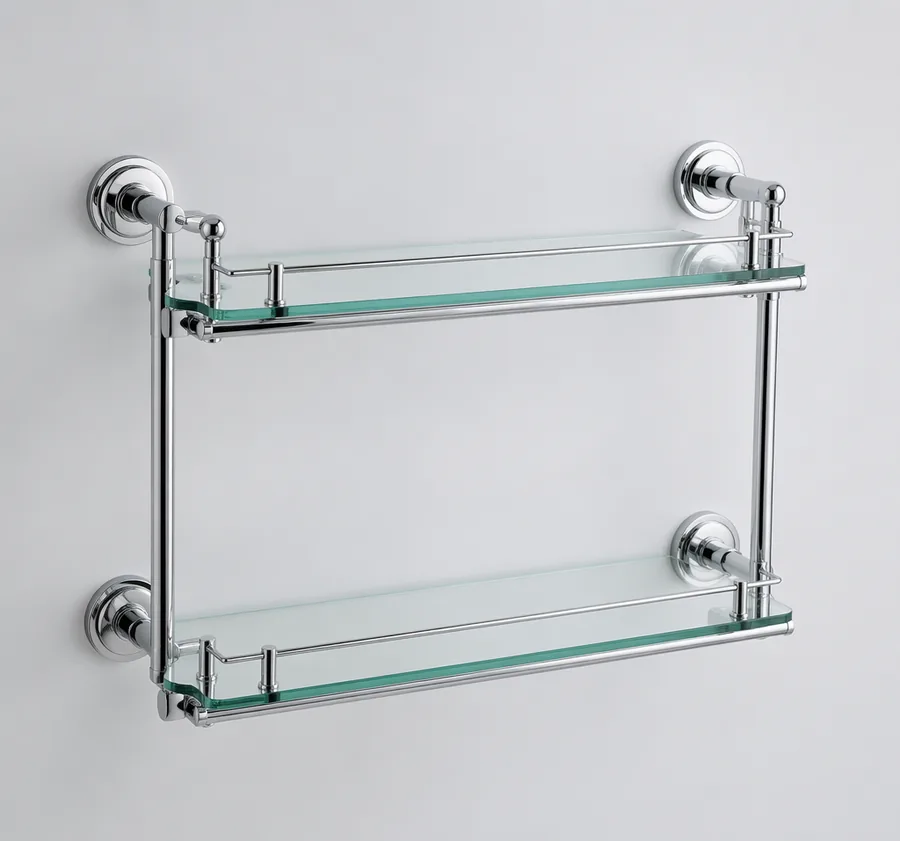 ClearView chrome double glass bathroom shelf, studio product photo