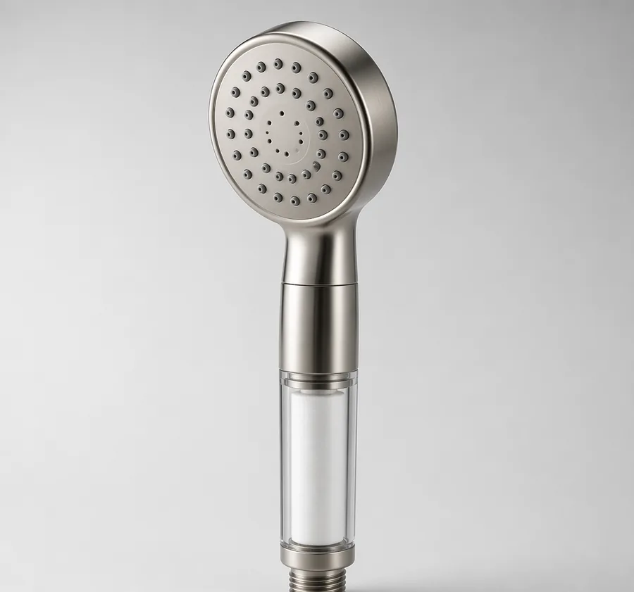 PureFlow brushed nickel filtered hand shower with visible filter cartridge