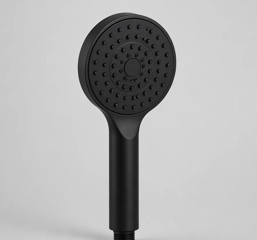 PowerJet matte black high-pressure hand shower, studio product photo