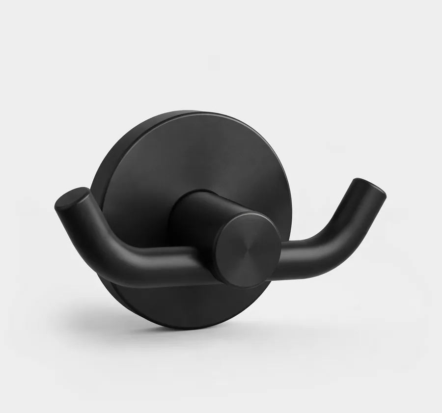 DuoRobe matte black double robe hook, studio product photo