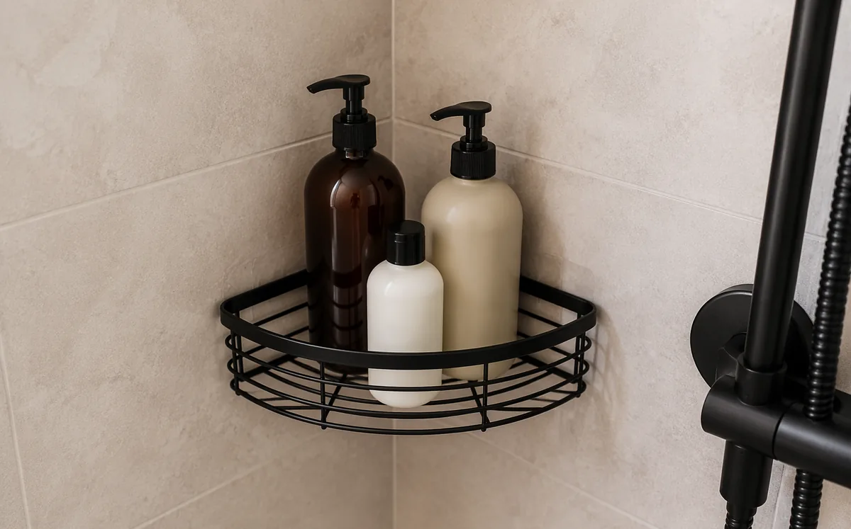 SpaceAl Two-Tier Shower Shelf — detail and installation views