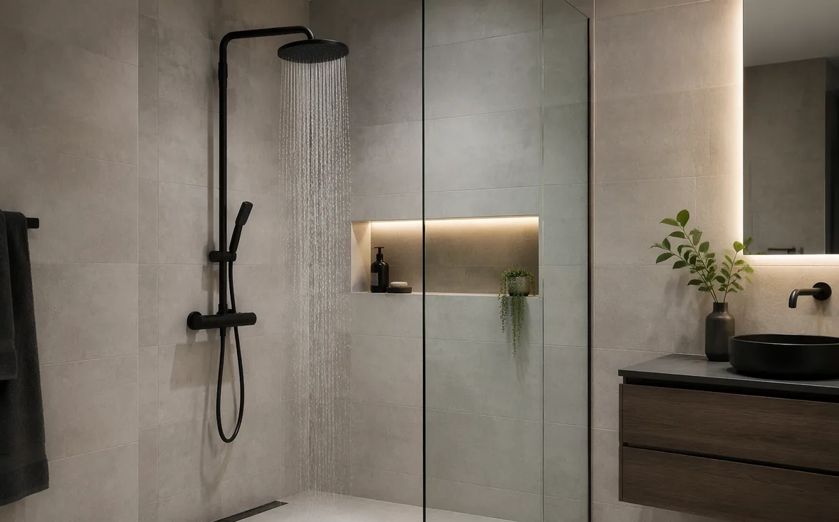 SpaceAl Two-Tier Shower Shelf — detail and installation views