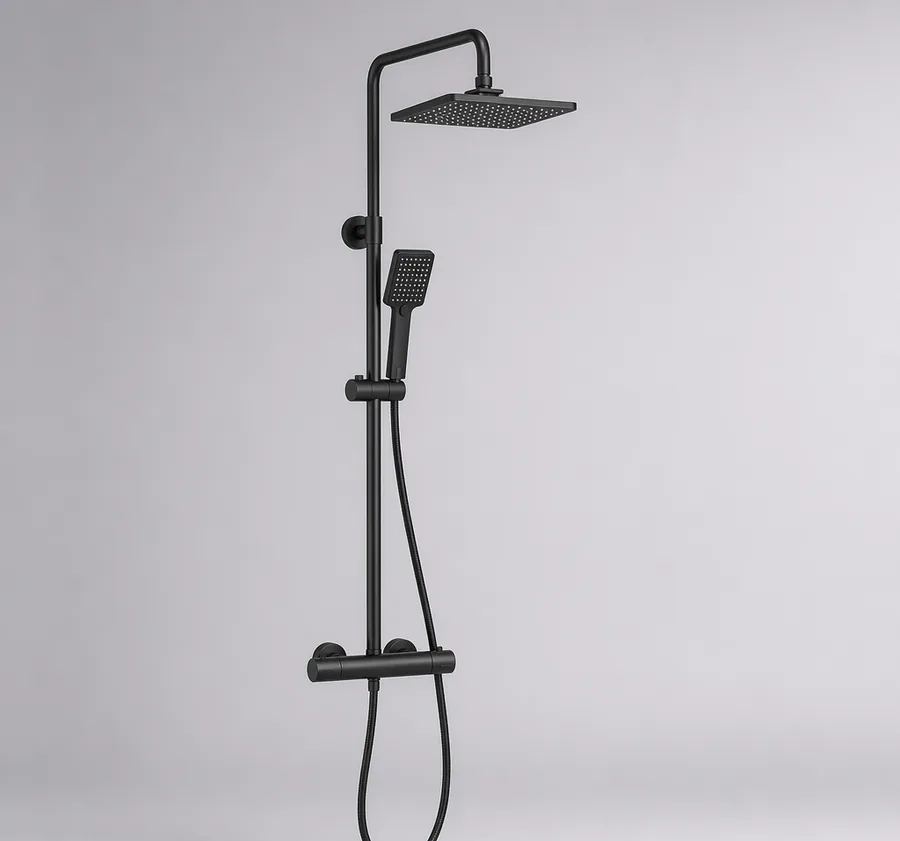 MetroRain matte black exposed shower system with square rain head and hand shower