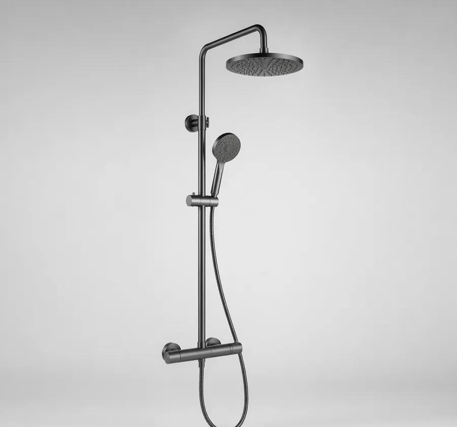 UrbanFlow gunmetal exposed rain shower system with round head, studio product photo