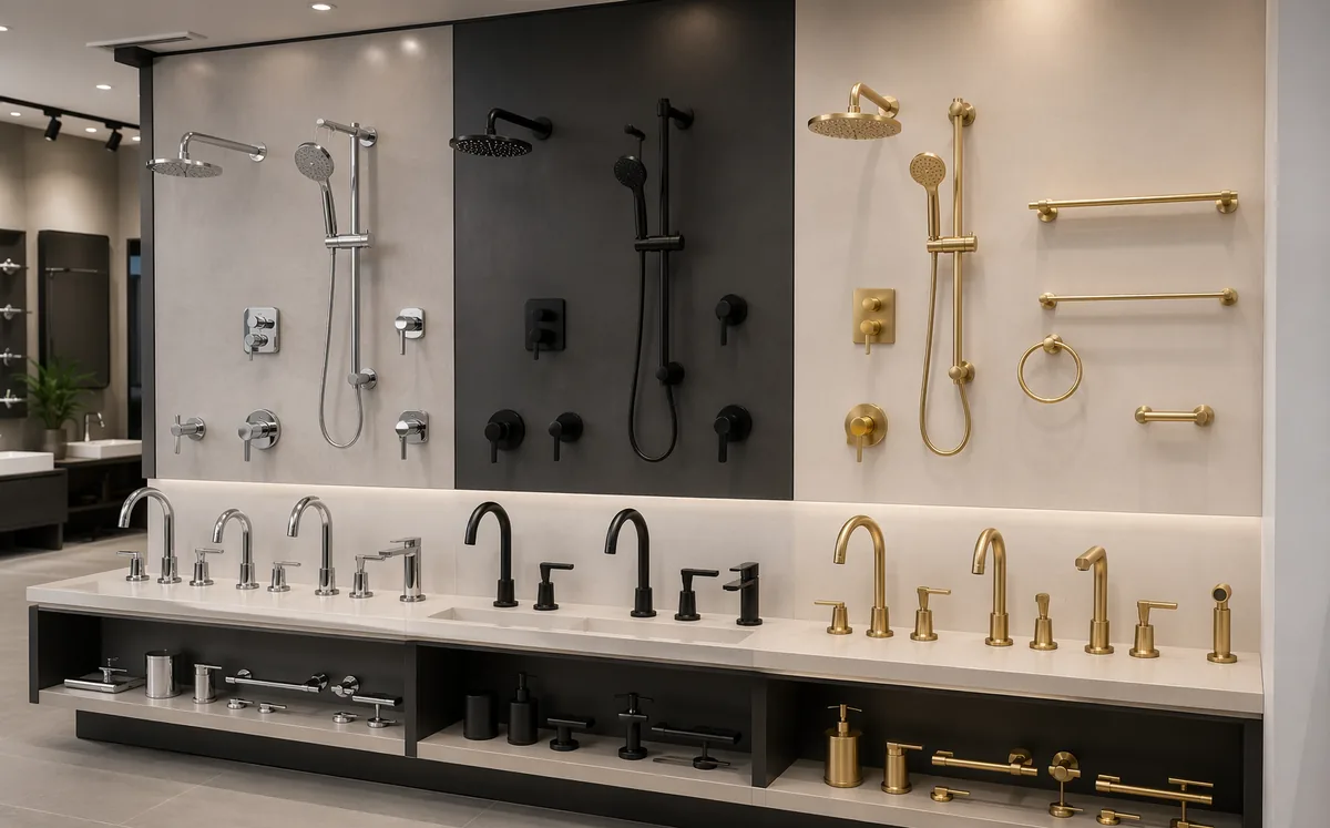 Trade showroom display wall of faucets and accessories arranged by finish