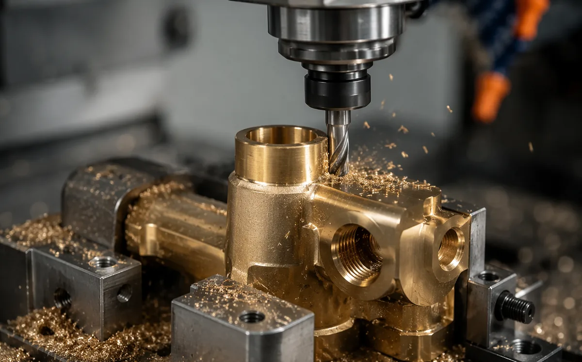 CNC machining of a solid brass faucet body at the BathVela factory